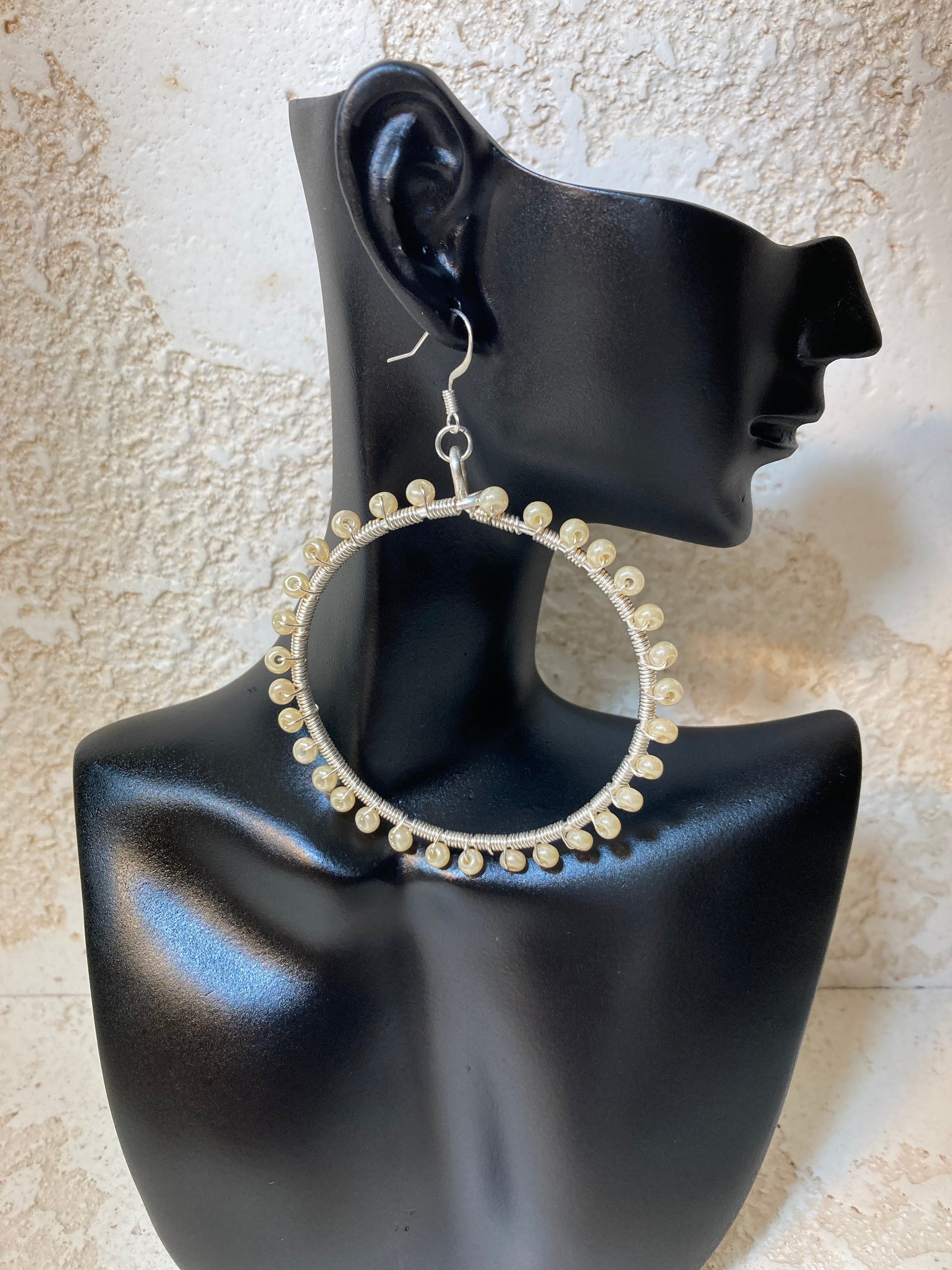 Beaded Hoops Earrings - Silver Plated Beaded Hoops Earrings
